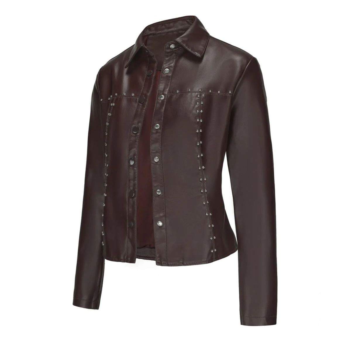 TIOZONEY - Chaqueta de PU con tachuelas para mujer-Café