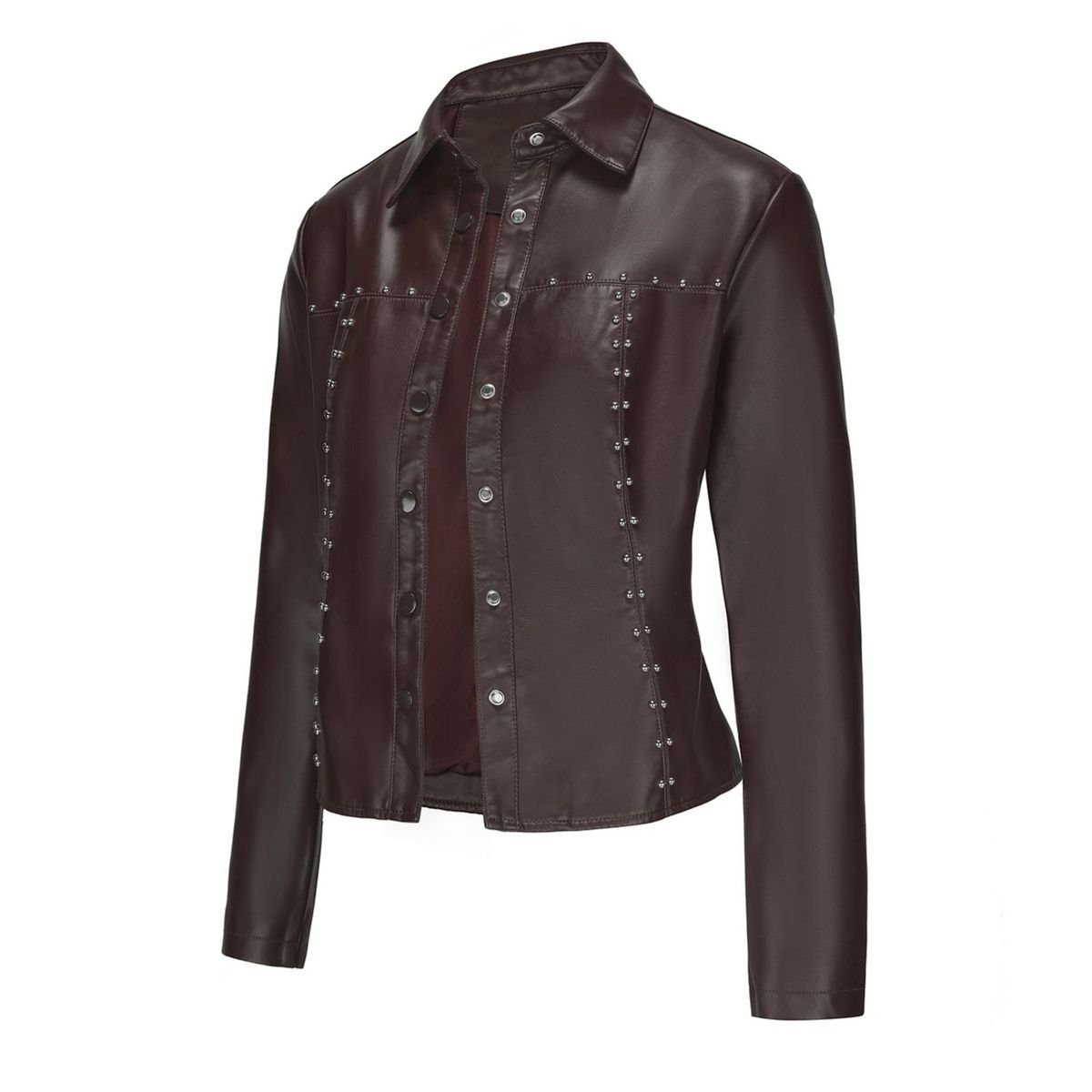 TIOZONEY - Chaqueta de PU con tachuelas para mujer-Café