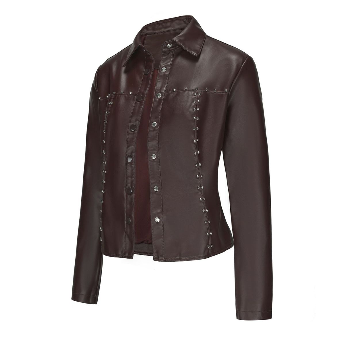 TIOZONEY - Chaqueta de PU con tachuelas para mujer-Café