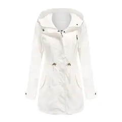 TIOZONEY - Cortavientos largo con gorro para mujer - Blanco