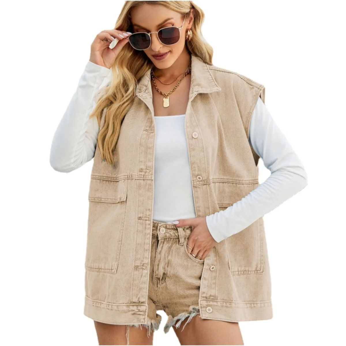 TIOZONEY - Chaqueta Jeans sin mangas Mujer - Beige