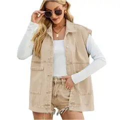 TIOZONEY - Chaqueta Jeans sin mangas Mujer - Beige