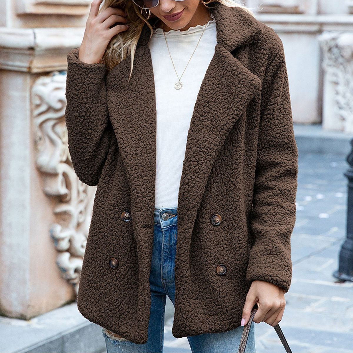 TIOZONEY - Chaqueta de felpa para mujer- Cafe