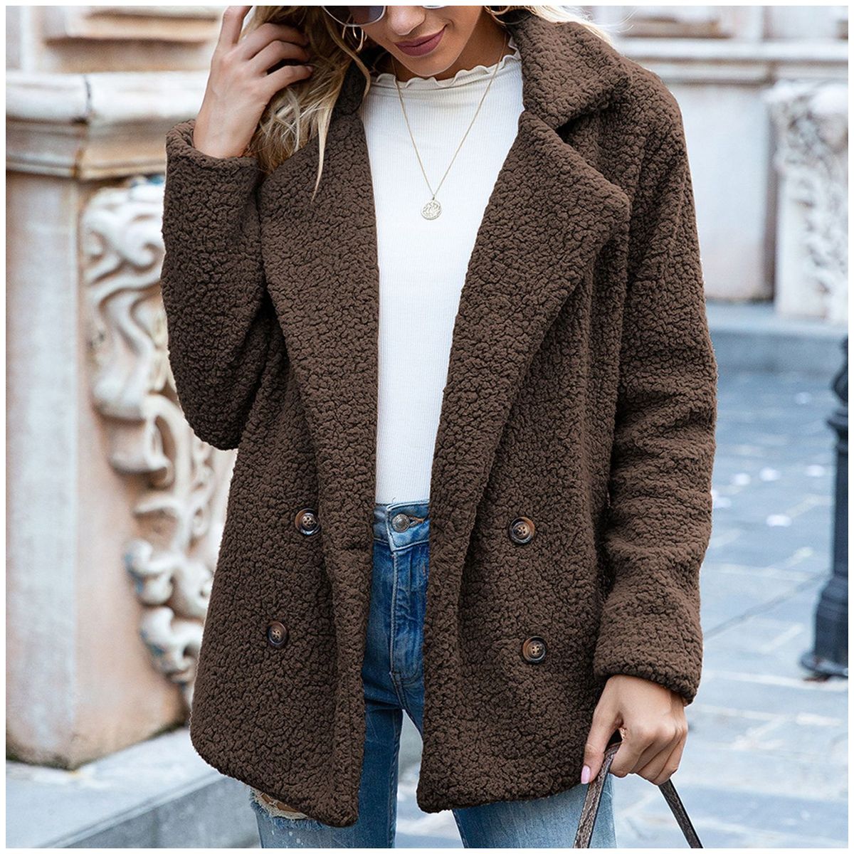 TIOZONEY - Chaqueta de felpa para mujer- Cafe