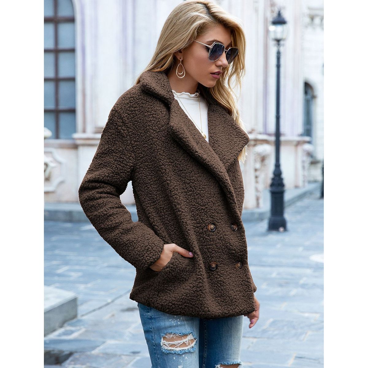 TIOZONEY - Chaqueta de felpa para mujer- Cafe