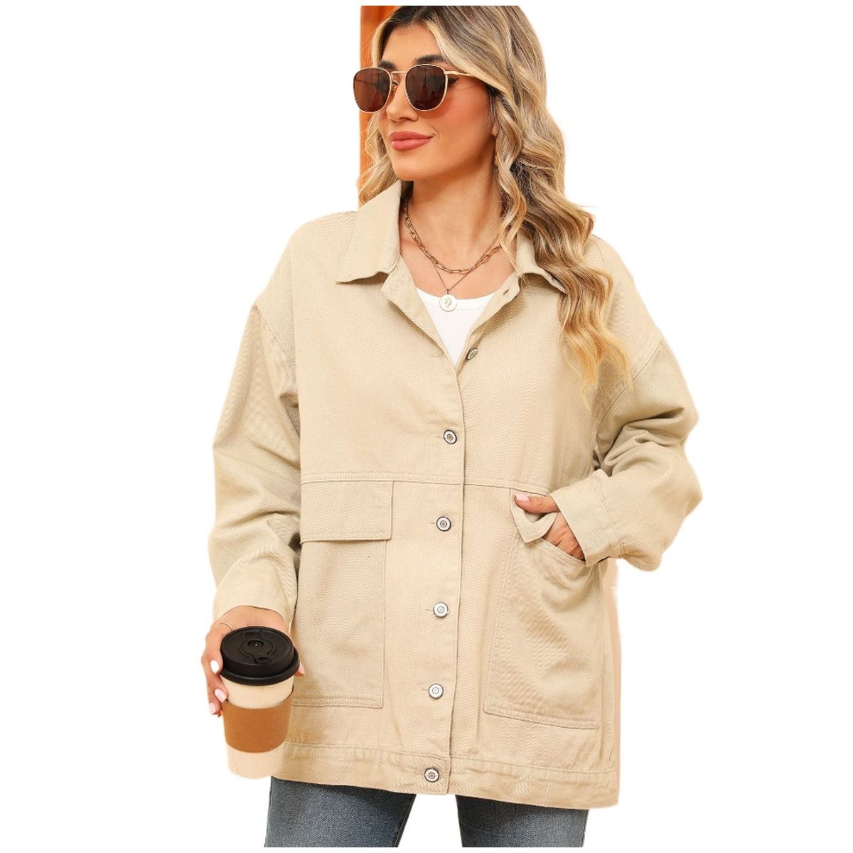TIOZONEY - Chaqueta de Jeans Mujer -Beige