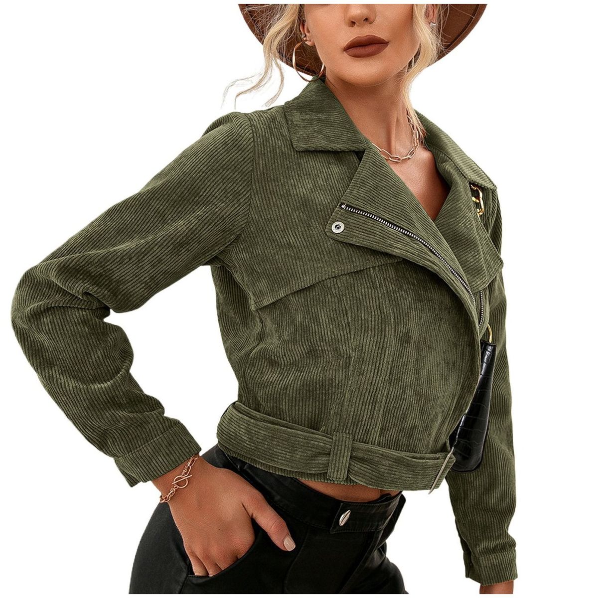 TIOZONEY - Chaqueta corta con solapa de mujer - Verde