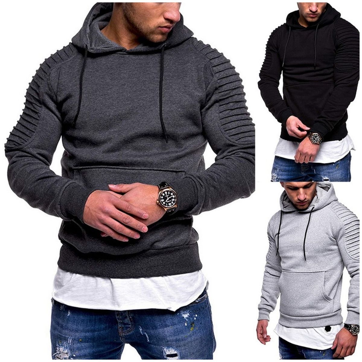 TIOZONEY - Poleron Casual ajustado con gorro Hombre - Gris Oscuro