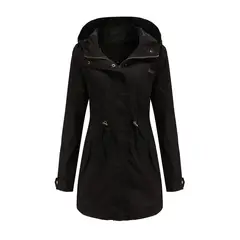 TIOZONEY - Cortavientos largo con gorro para mujer - Negro