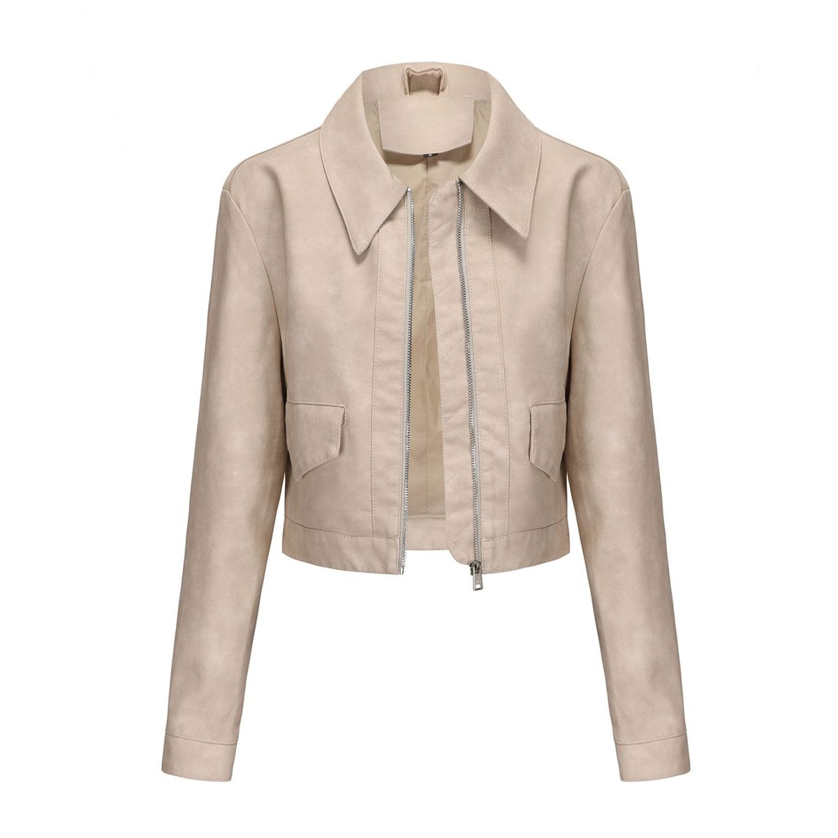 TIOZONEY - Chaqueta de piel con cremallera para mujer-Beige
