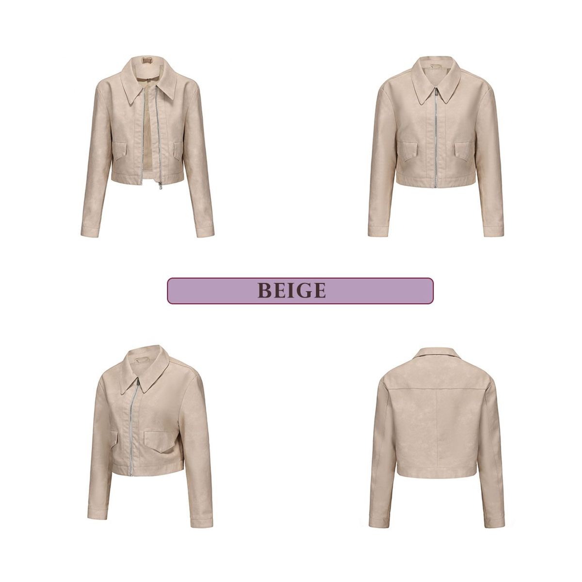 TIOZONEY - Chaqueta de piel con cremallera para mujer-Beige