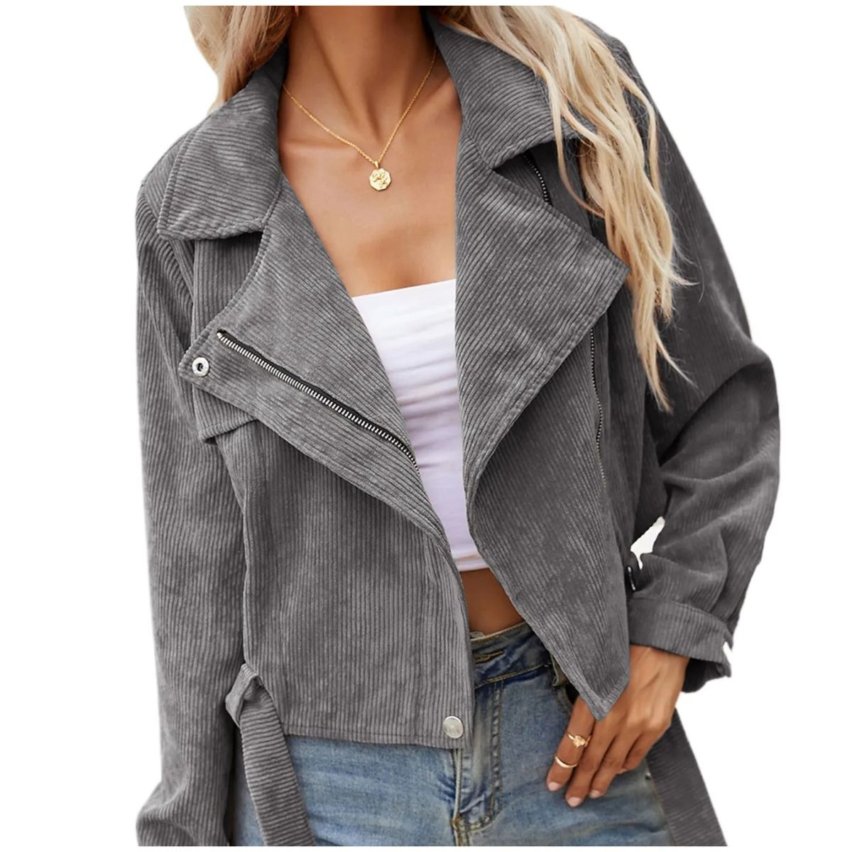 TIOZONEY - Chaqueta corta con solapa de mujer - Gris