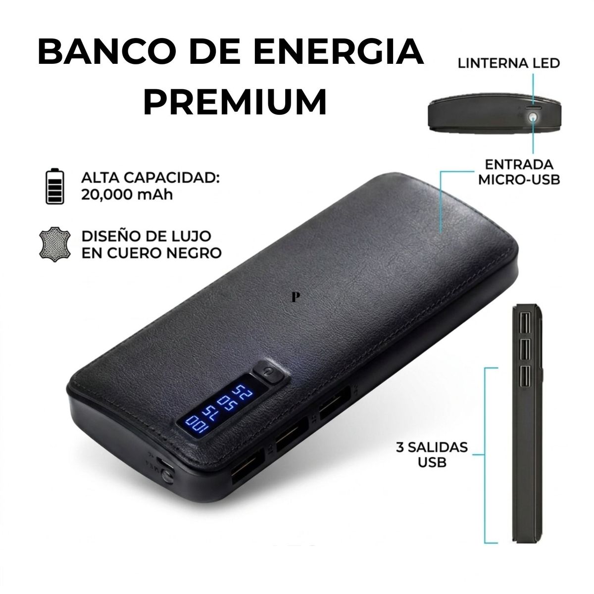 MOVI - Power bank 20.000 MAH - 3 Salidas de USB + Linterna LED