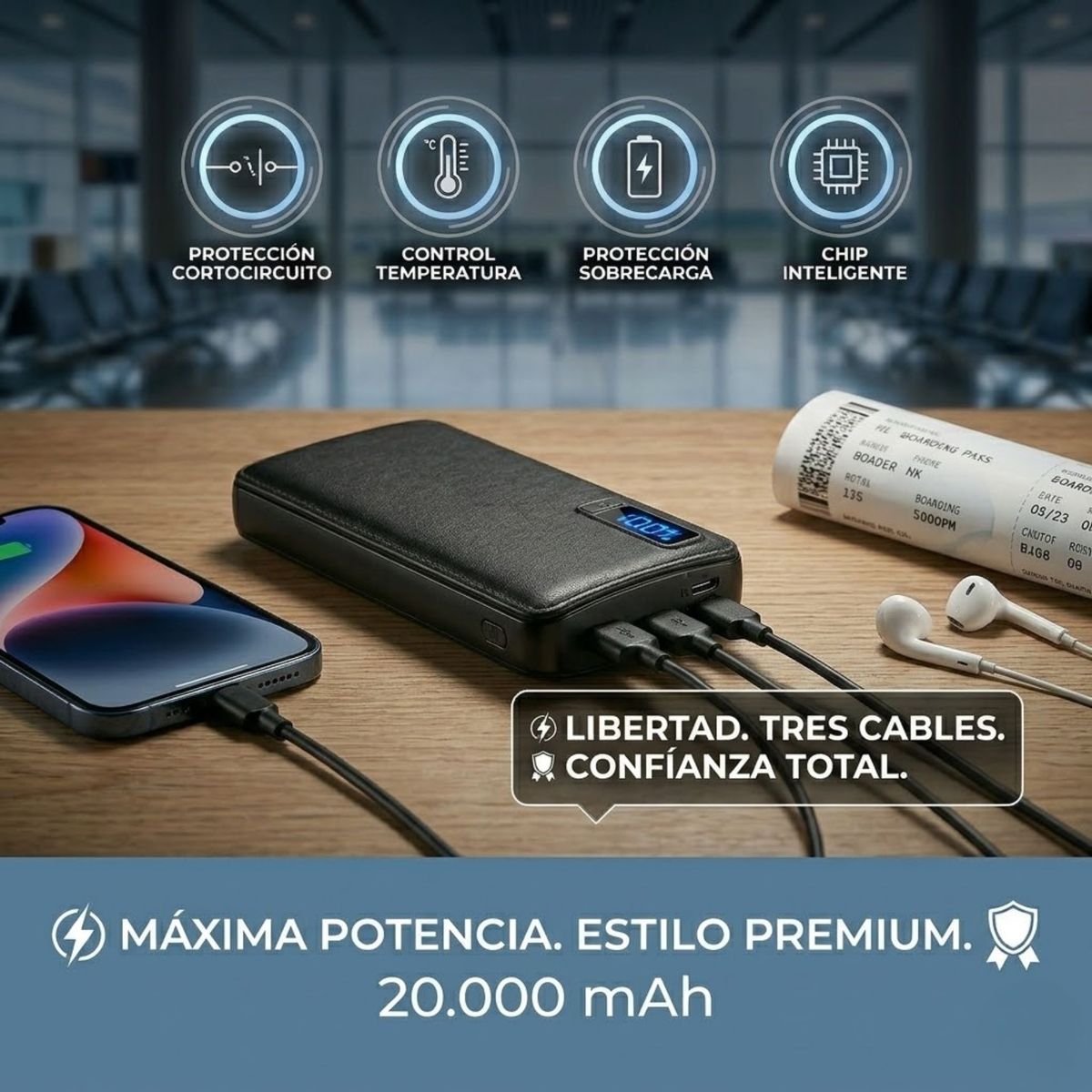 MOVI - Power bank 20.000 MAH - 3 Salidas de USB + Linterna LED