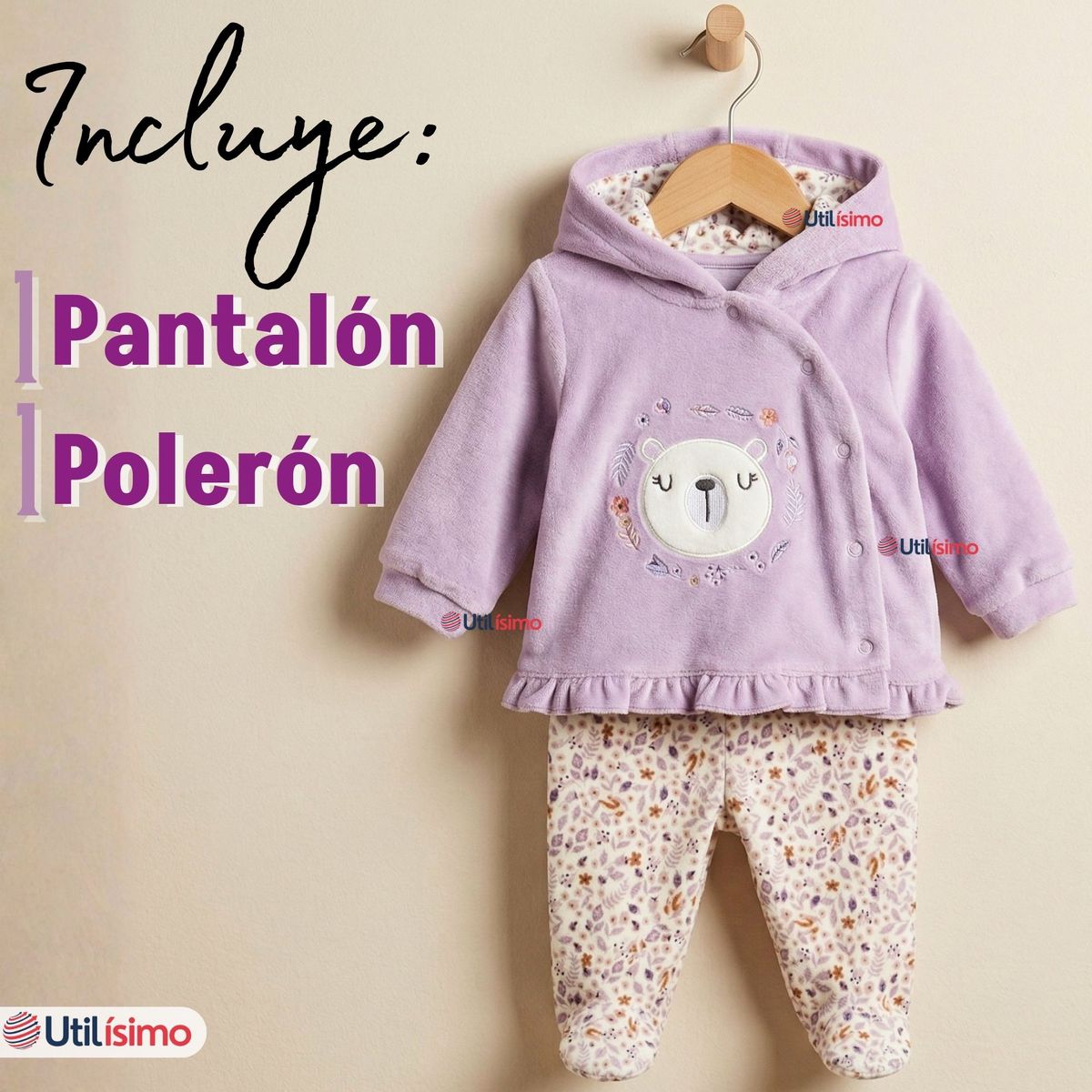 JUMP KIDS - Conjunto 2 Piezas Buzo Pantalón Y Polerón Con Capucha Tela Plush Lila Bebé Niña