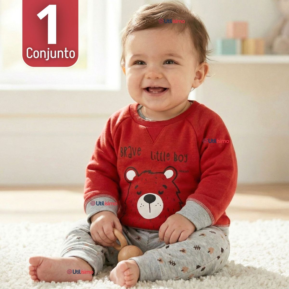 JUMP KIDS - Conjunto 3 Piezas Buzo Pantalón Polerón Body De Algodón Rojo Bebé Niño