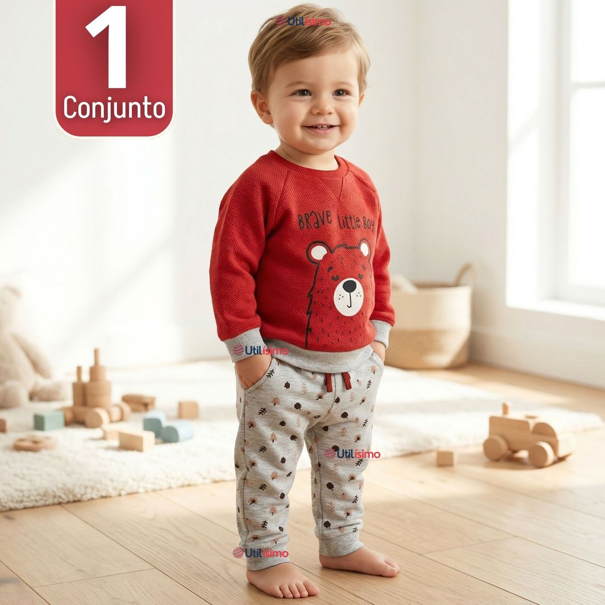 JUMP KIDS - Conjunto 3 Piezas Buzo Pantalón Polerón Body De Algodón Rojo Bebé Niño