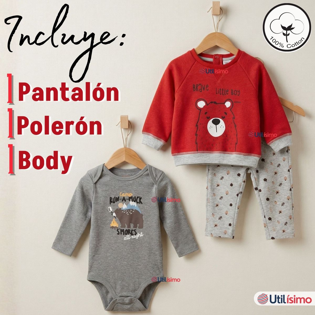 JUMP KIDS - Conjunto 3 Piezas Buzo Pantalón Polerón Body De Algodón Rojo Bebé Niño