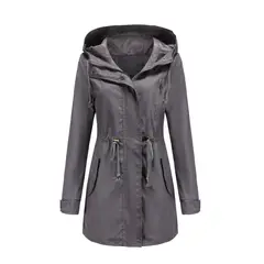 TIOZONEY - Cortavientos largo con gorro para mujer - Gris Oscuro