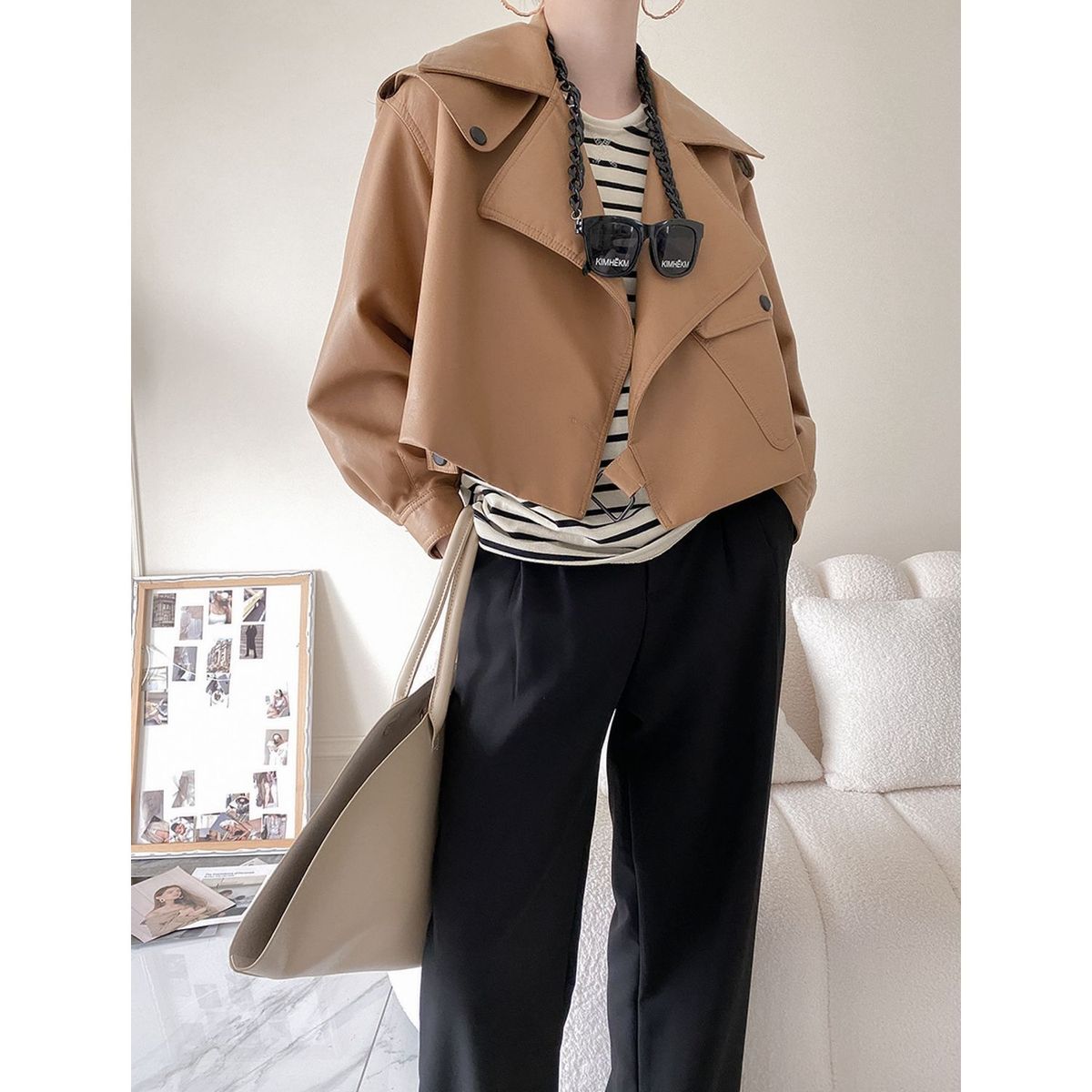 TIOZONEY - Chaqueta PU Sintético Mujer - Café