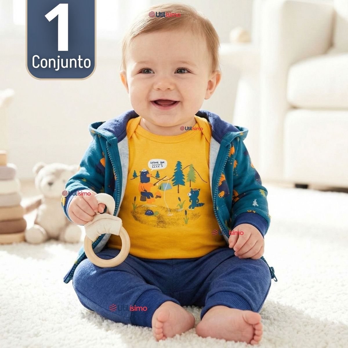 JUMP KIDS - Conjunto 3 Piezas Buzo Pantalón Polerón Body De Algodón Amarillo Bear Bebé Niño