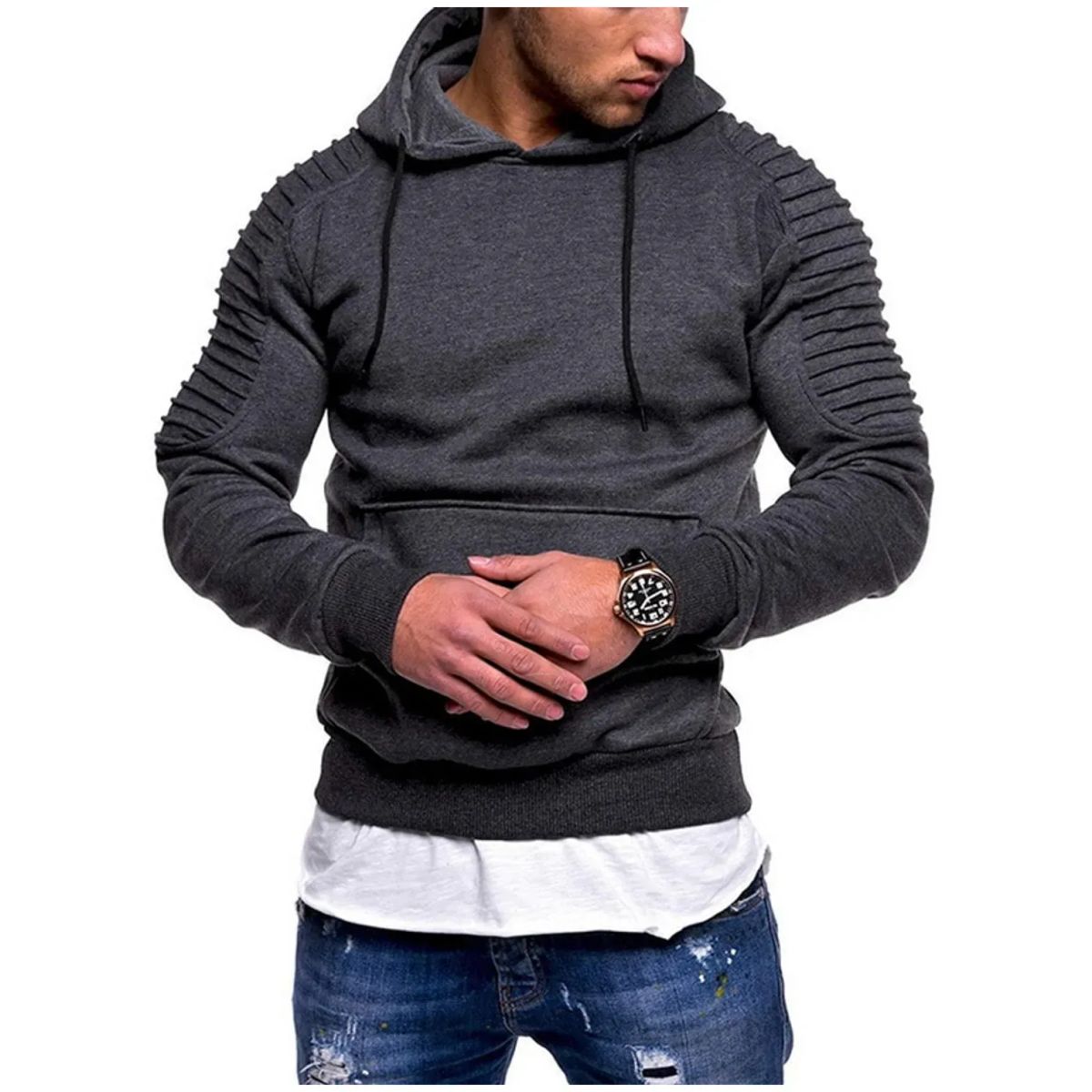 TIOZONEY - Poleron Casual ajustado con gorro Hombre - Gris Oscuro