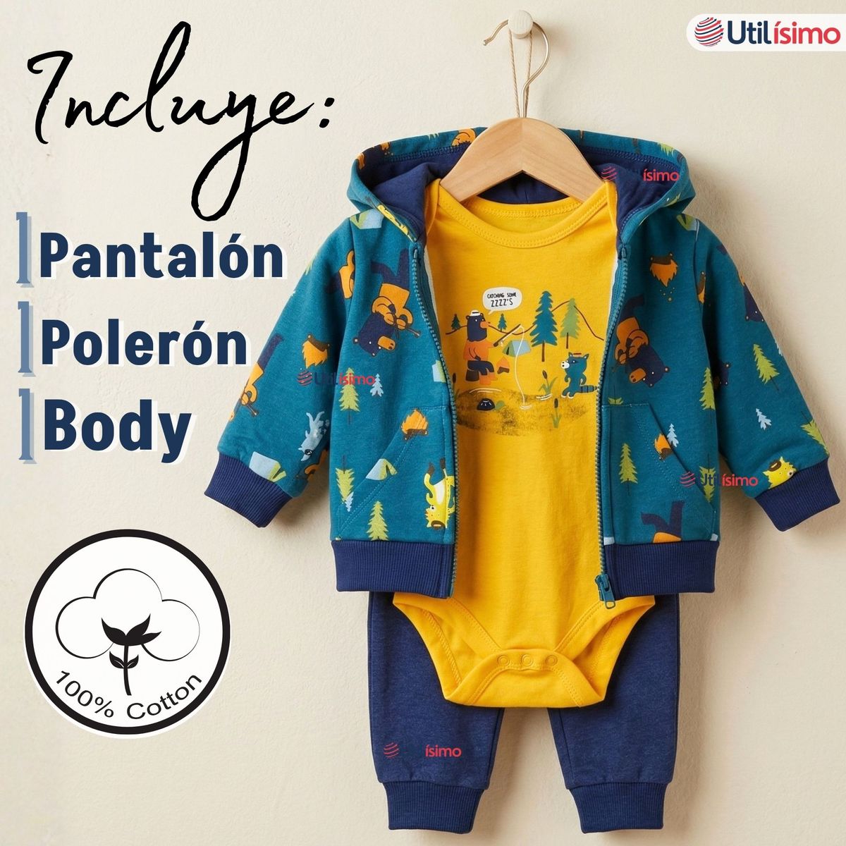 JUMP KIDS - Conjunto 3 Piezas Buzo Pantalón Polerón Body De Algodón Amarillo Bear Bebé Niño