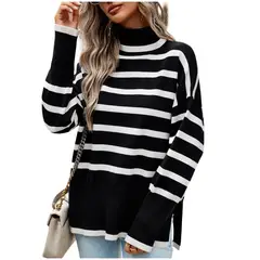 TIOZONEY - Suéter de cuello alto a rayas para mujeres - Negro