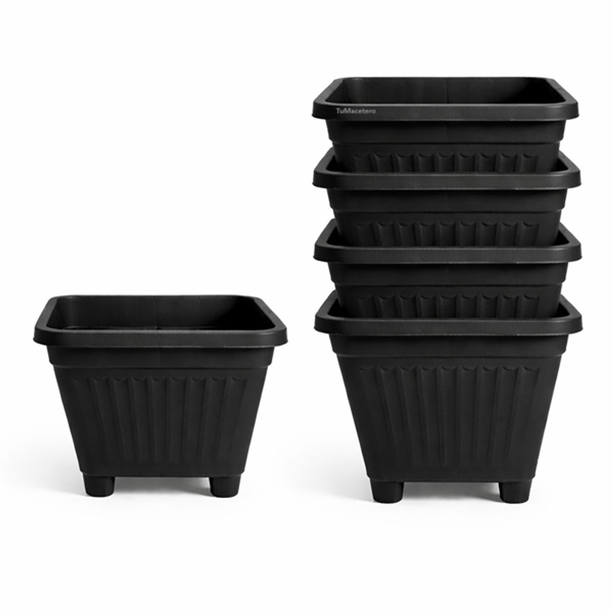 GENERICO - Pack 5 Maceteros Plástico Cuadrado Negro 15 cm