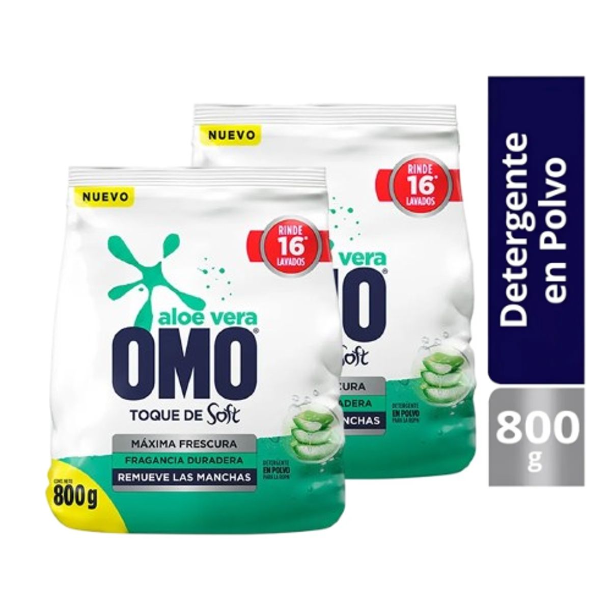 OMO - X2 Detergente Omo Polvo Frescura Aloe Vera Toque De Soft 800g