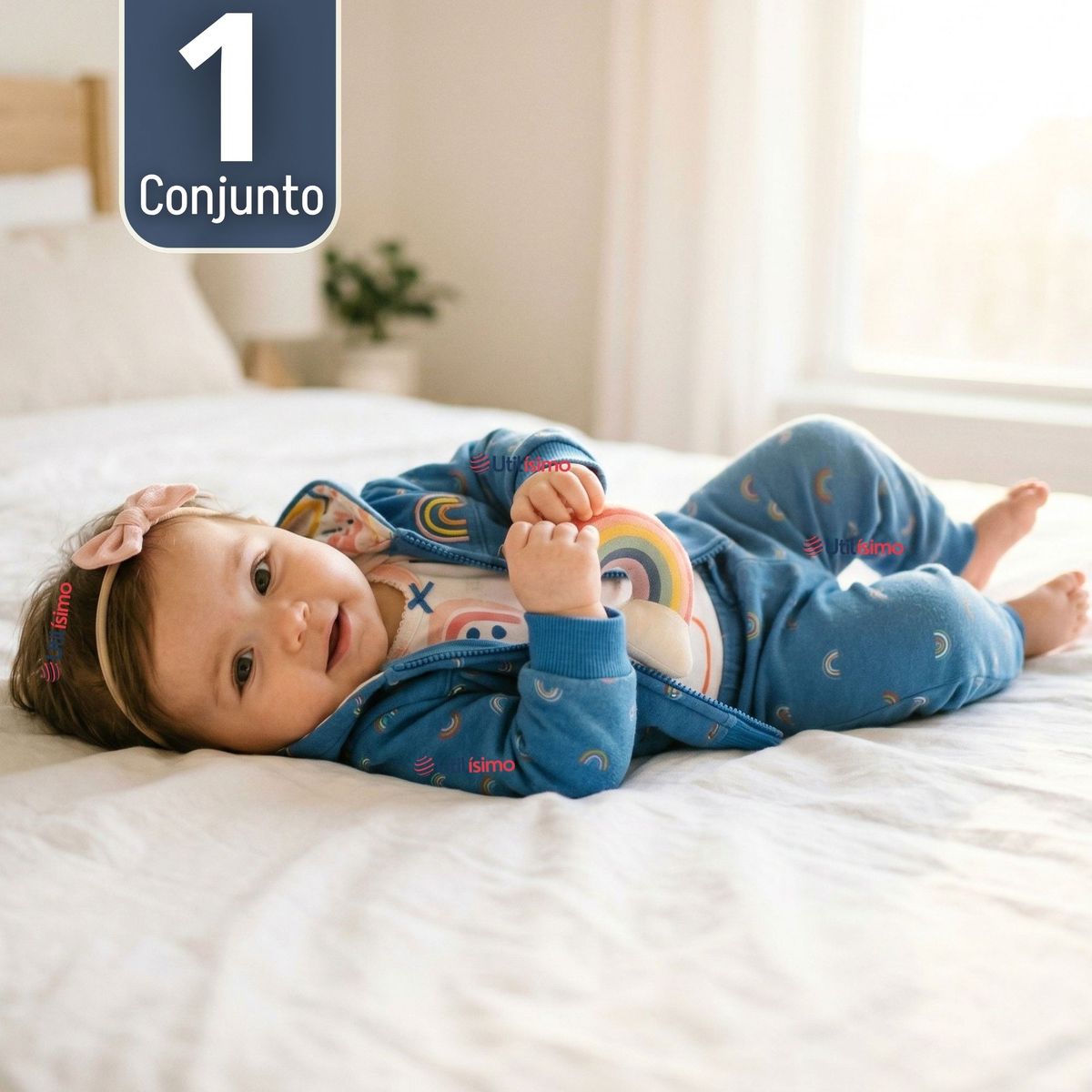 JUMP KIDS - Conjunto 3 Piezas Buzo Pantalón Polerón Body De Algodón Blue Rainbow Bebé Niña