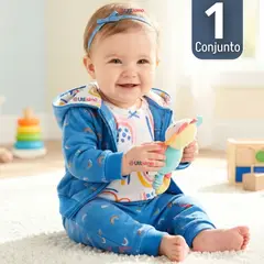 JUMP KIDS - Conjunto 3 Piezas Buzo Pantalón Polerón Body De Algodón Blue Rainbow Bebé Niña