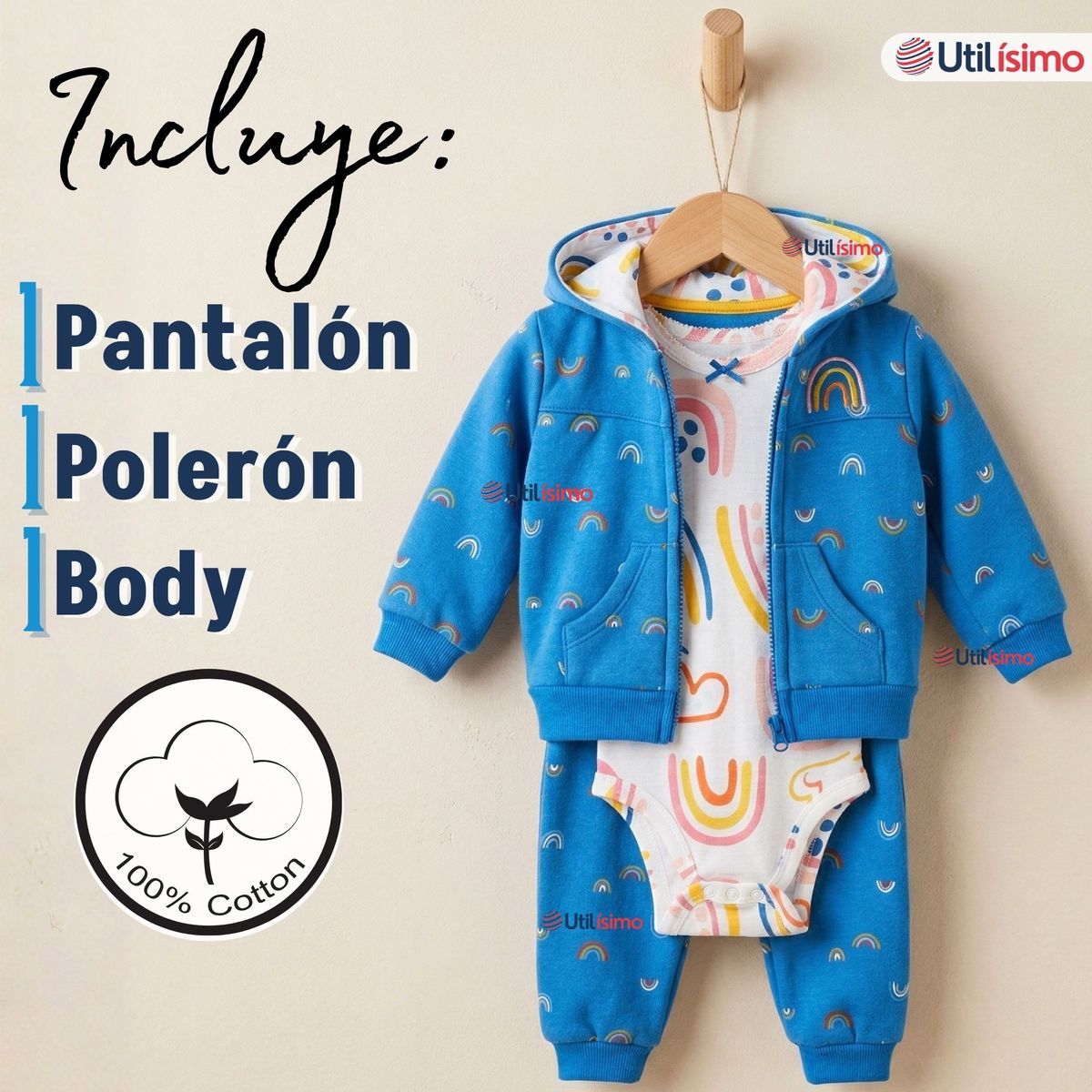 JUMP KIDS - Conjunto 3 Piezas Buzo Pantalón Polerón Body De Algodón Blue Rainbow Bebé Niña