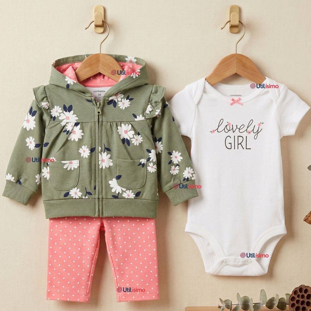 JUMP KIDS - Conjunto 3 Piezas Buzo Pantalón Polerón Body De Algodón Green Flowers Bebe Niña