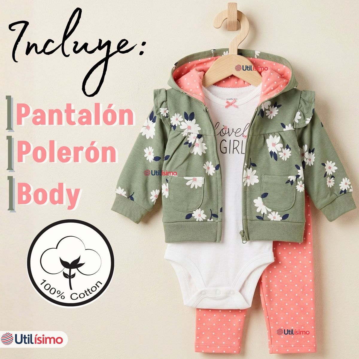 JUMP KIDS - Conjunto 3 Piezas Buzo Pantalón Polerón Body De Algodón Green Flowers Bebe Niña