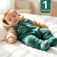 JUMP KIDS - Enterito Con Capucha Tela Plush Verde Dinosaurio Bebé Niño