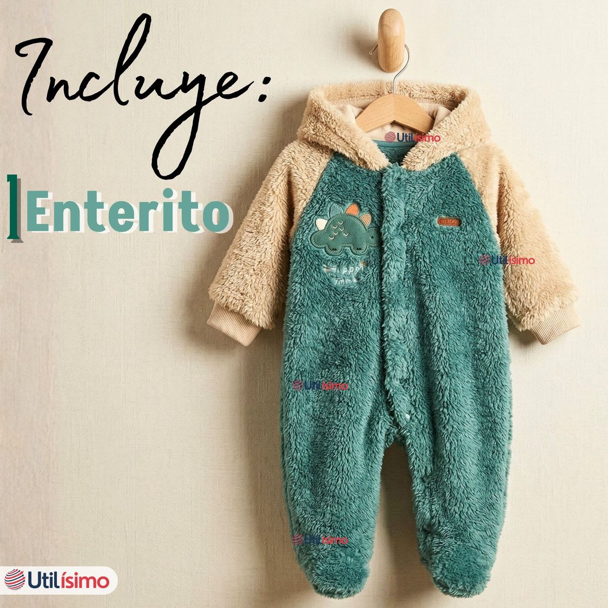 JUMP KIDS - Enterito Con Capucha Tela Plush Verde Dinosaurio Bebé Niño