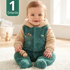 JUMP KIDS - Enterito Con Capucha Tela Plush Verde Dinosaurio Bebé Niño