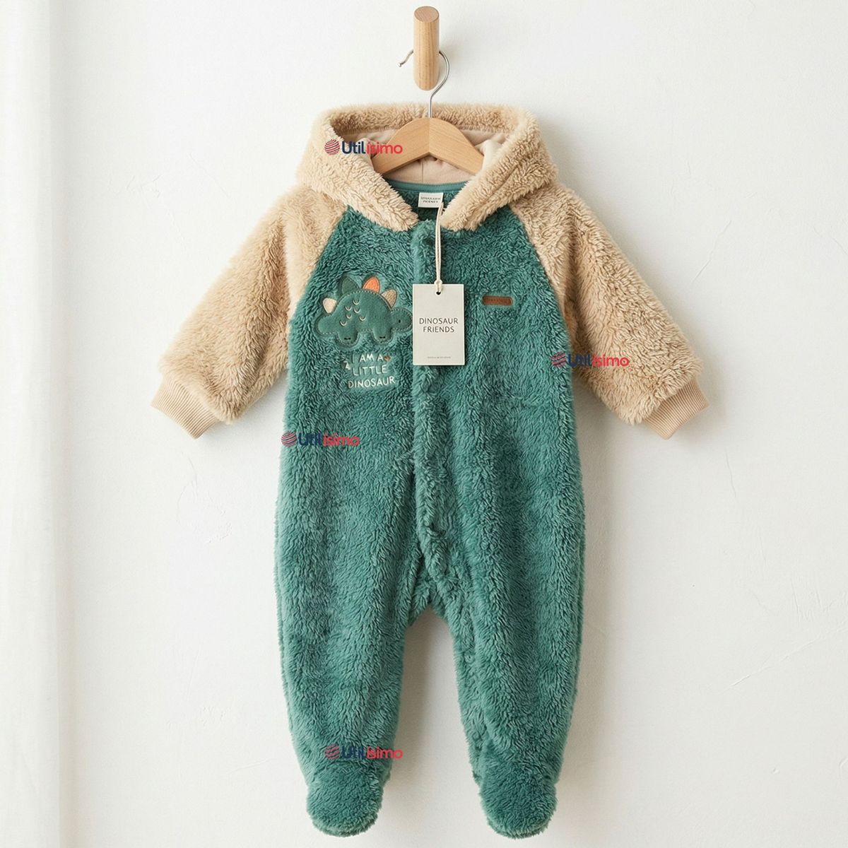 JUMP KIDS - Enterito Con Capucha Tela Plush Verde Dinosaurio Bebé Niño