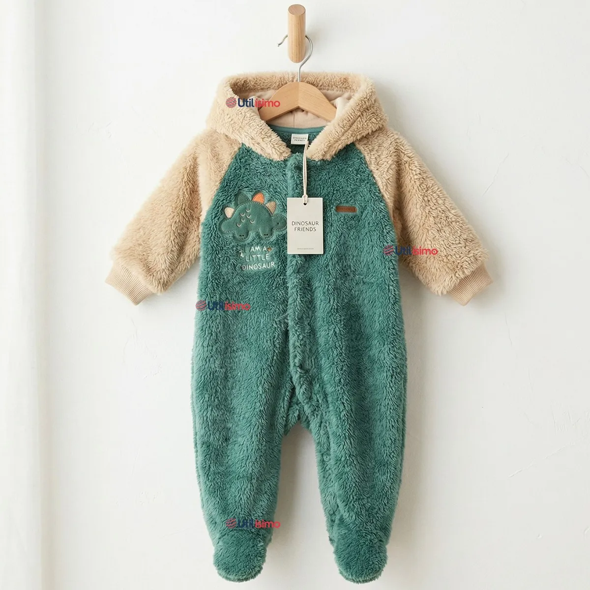 JUMP KIDS - Enterito Con Capucha Tela Plush Verde Dinosaurio Bebé Niño