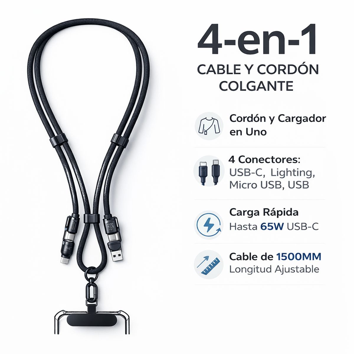GENERICO - Cable colgante 4 en 1 lanyard carga rápida 65W