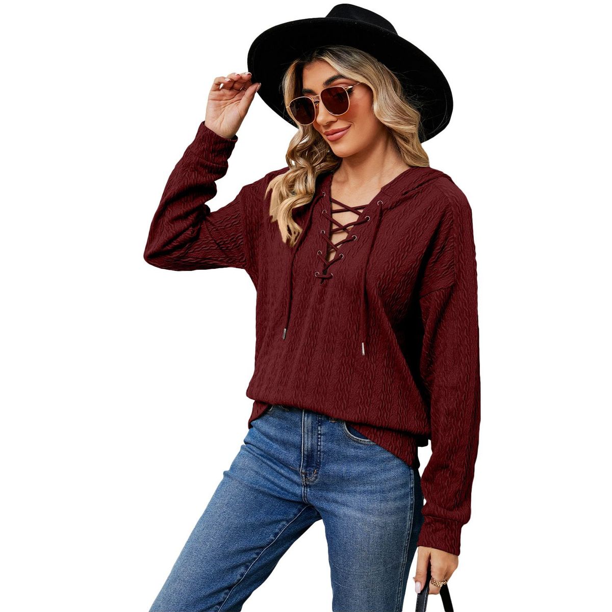 TIOZONEY - Sudadera con capucha y cuello de corbata para mujer
