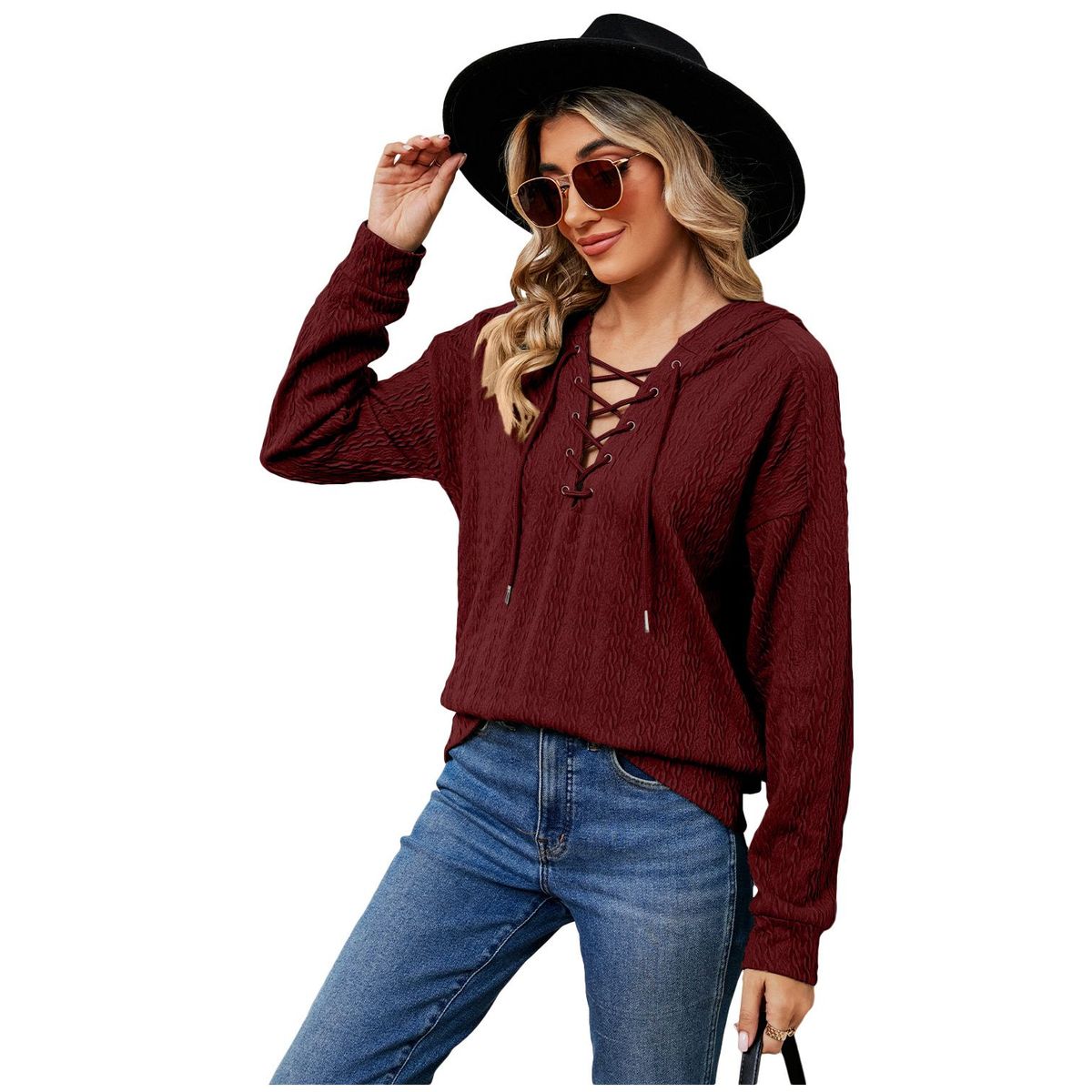 TIOZONEY - Sudadera con capucha y cuello de corbata para mujer