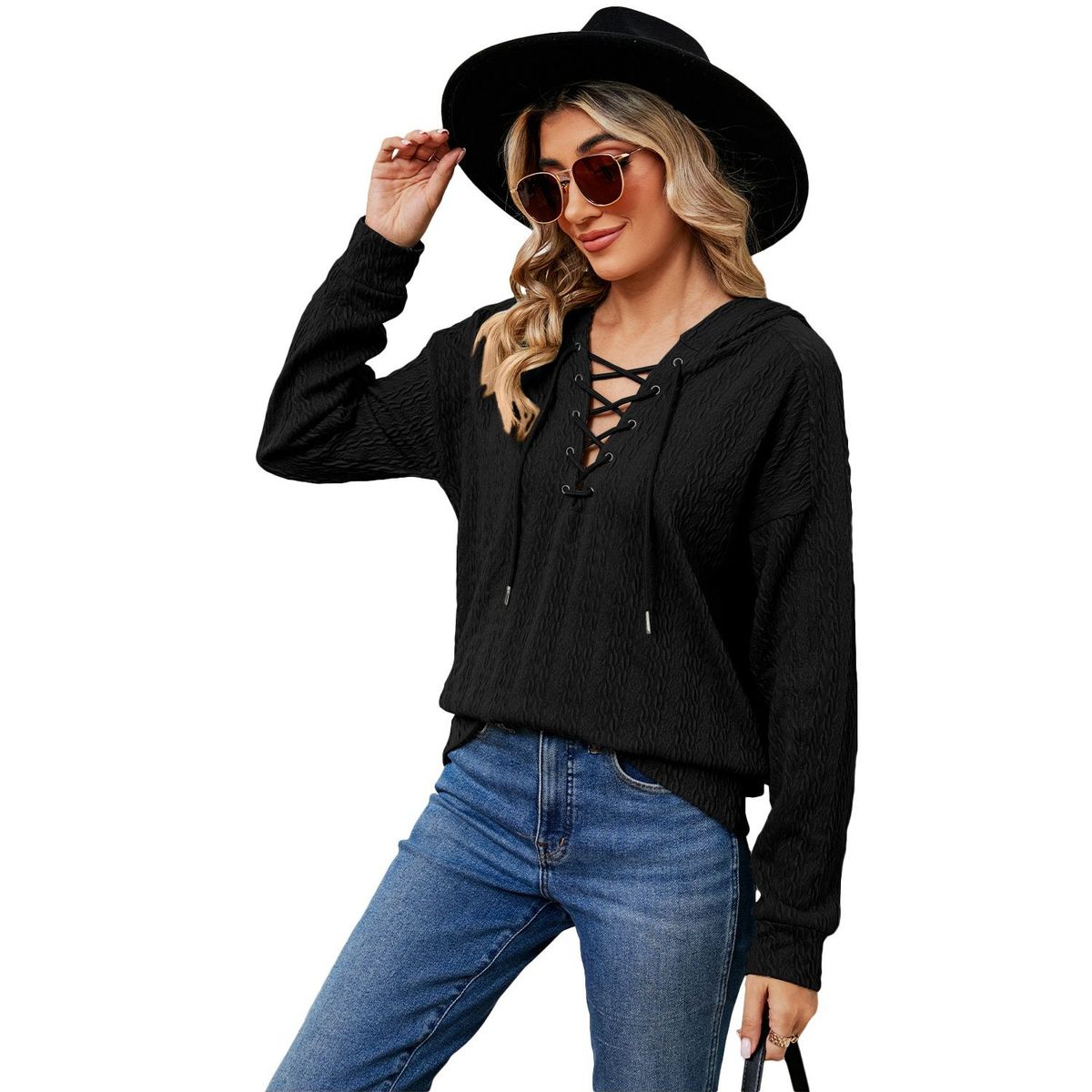 TIOZONEY - Sudadera con capucha y cuello de corbata para mujer