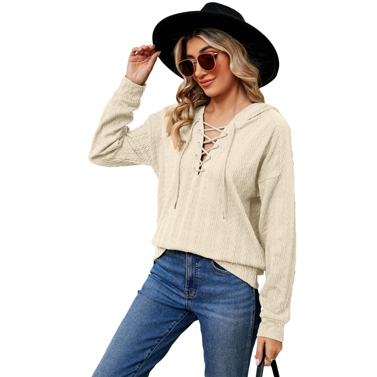 TIOZONEY - Sudadera con capucha y cuello de corbata para mujer