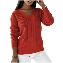 TIOZONEY - Chaleco de Punto Cuello en V Mujer- Naranjo