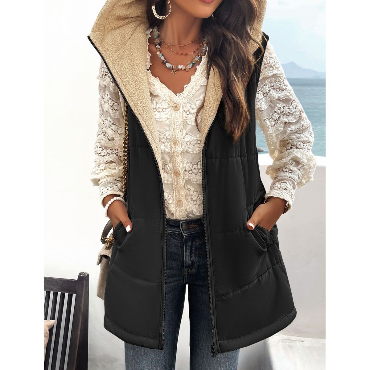 TIOZONEY - Chaqueta Chiporro Mujer sin mangas - Negro