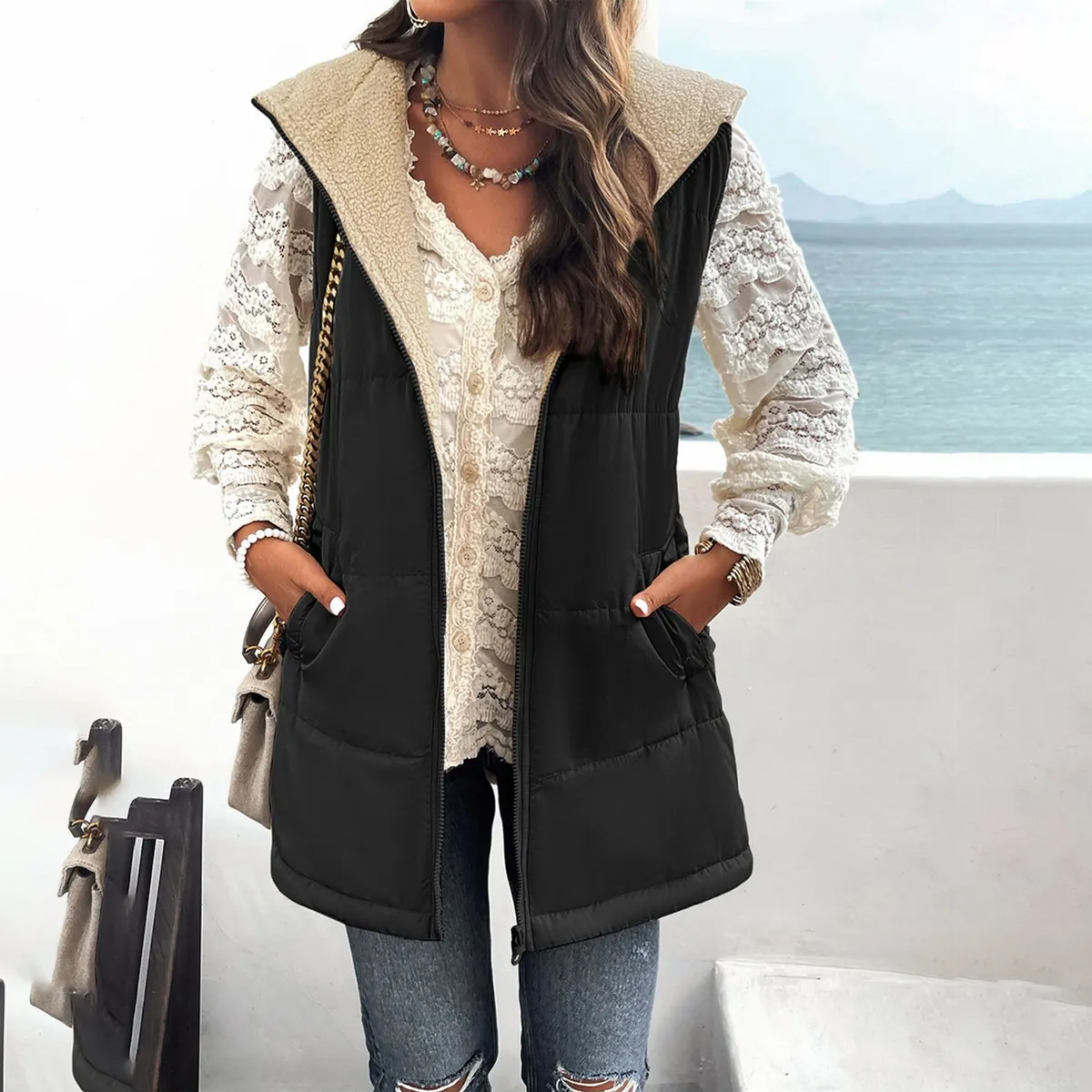 TIOZONEY - Chaqueta Chiporro Mujer sin mangas - Negro