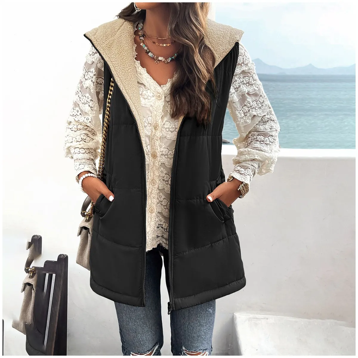 TIOZONEY - Chaqueta Chiporro Mujer sin mangas - Negro