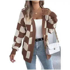 TIOZONEY - Cardigan a cuadros con bloques de color